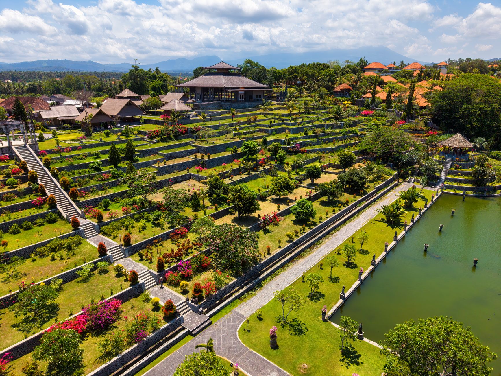 Cascading rice paddies in Rendang with Mount Agung in the background